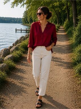 The Limited Burgundy Satin Blouse Small Long Sleeve Split Neck Career Top